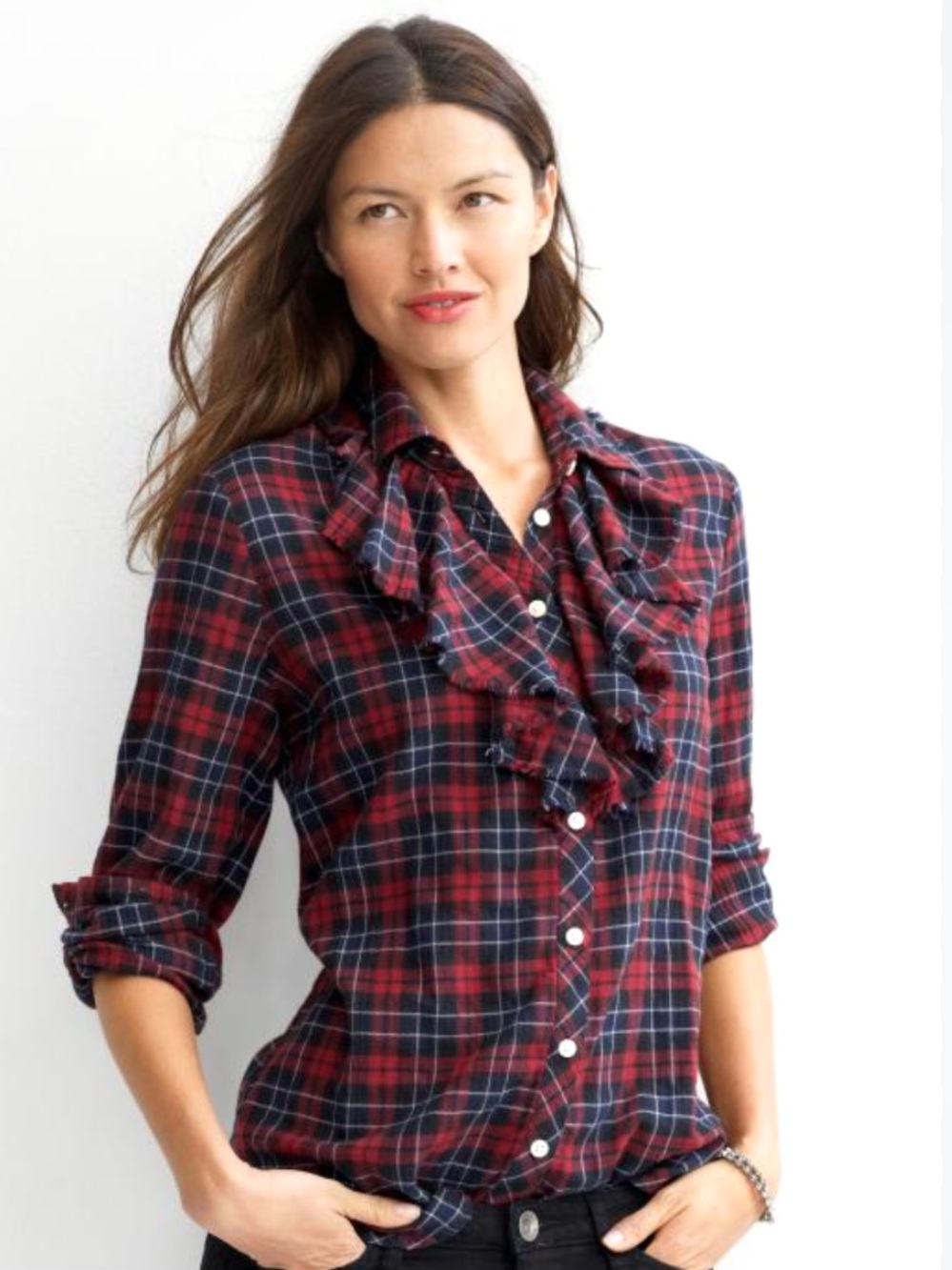 Banana Republic Ruffle Neck Flannel Red & Navy Plaid Cabincore Soft Button-Down